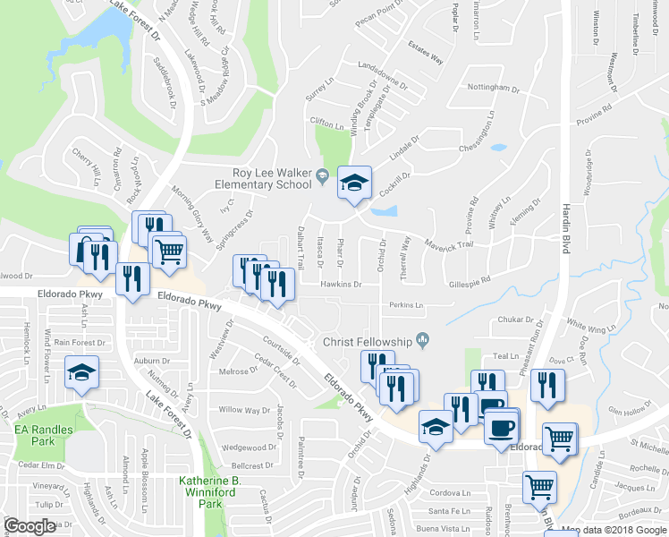 map of restaurants, bars, coffee shops, grocery stores, and more near 2408 Pharr Drive in McKinney