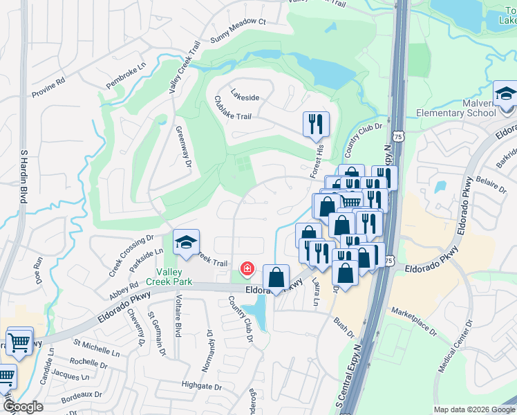 map of restaurants, bars, coffee shops, grocery stores, and more near 2206 Saint Andrews in McKinney