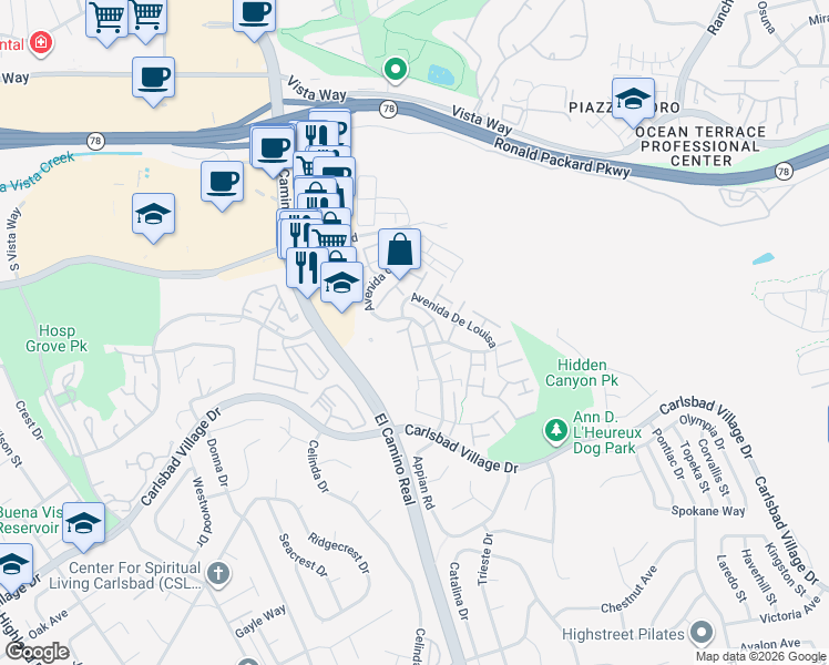 map of restaurants, bars, coffee shops, grocery stores, and more near 2906 Via De Paz in Carlsbad