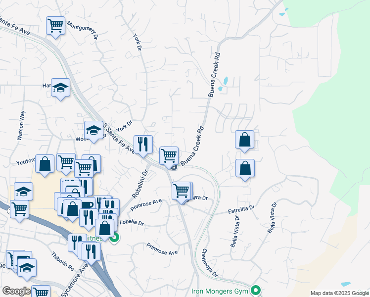 map of restaurants, bars, coffee shops, grocery stores, and more near 1972 Buena Creek Road in Vista