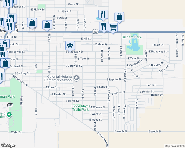 map of restaurants, bars, coffee shops, grocery stores, and more near Pine St in Brownfield
