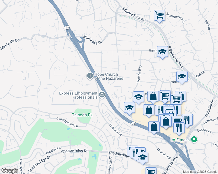map of restaurants, bars, coffee shops, grocery stores, and more near 533 Rolling Hills Road in Vista