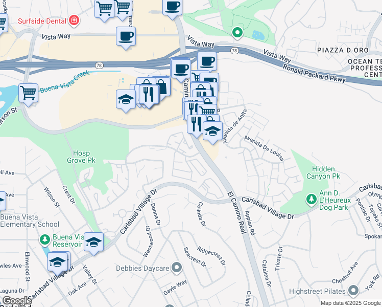 map of restaurants, bars, coffee shops, grocery stores, and more near 2350 Hosp Way in Carlsbad