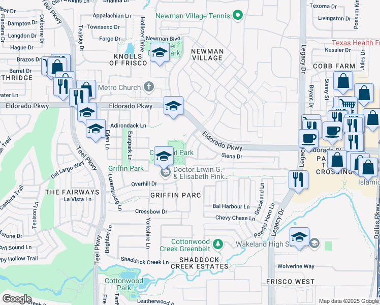 map of restaurants, bars, coffee shops, grocery stores, and more near 11632 Lenox Lane in Frisco