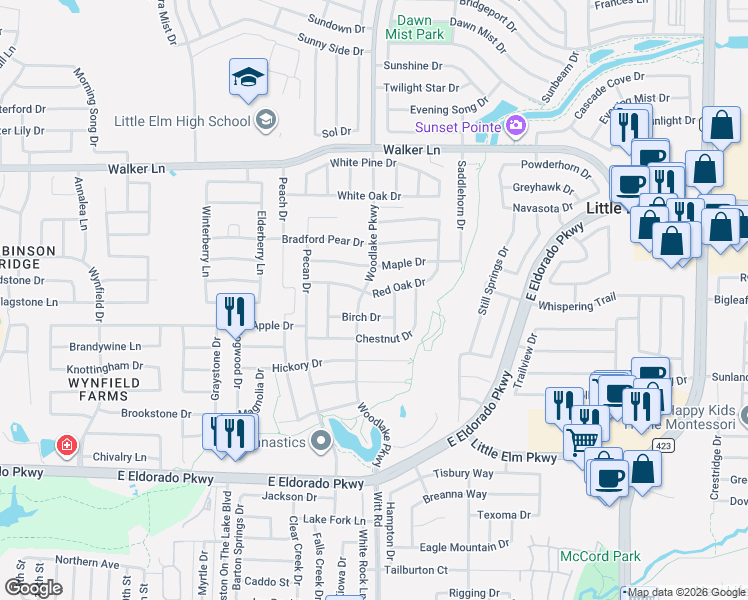 map of restaurants, bars, coffee shops, grocery stores, and more near 2308 Red Oak Drive in Little Elm