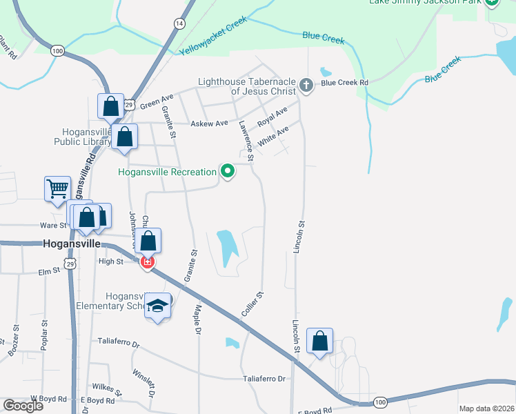 map of restaurants, bars, coffee shops, grocery stores, and more near 214 Collier Street in Hogansville