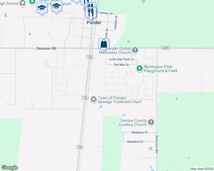 map of restaurants, bars, coffee shops, grocery stores, and more near 301 Preakness Lane in Ponder