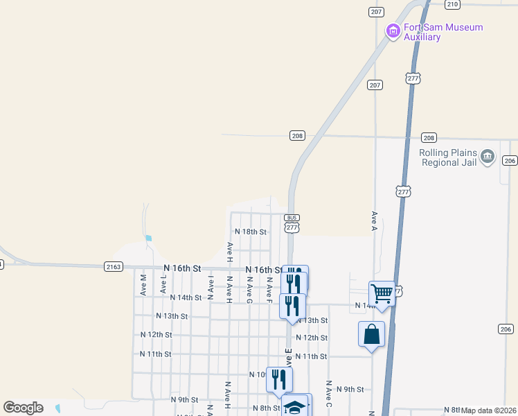 map of restaurants, bars, coffee shops, grocery stores, and more near 1903 Avenue F in Haskell