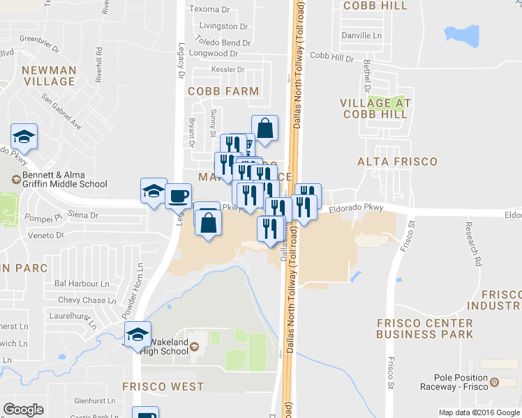map of restaurants, bars, coffee shops, grocery stores, and more near 5220 W Eldorado Pkwy in Frisco