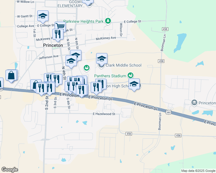 map of restaurants, bars, coffee shops, grocery stores, and more near 830 East Princeton Drive in Princeton