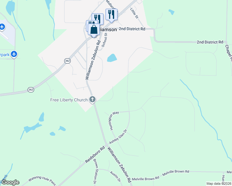 map of restaurants, bars, coffee shops, grocery stores, and more near 222 Roundtree Way in Williamson