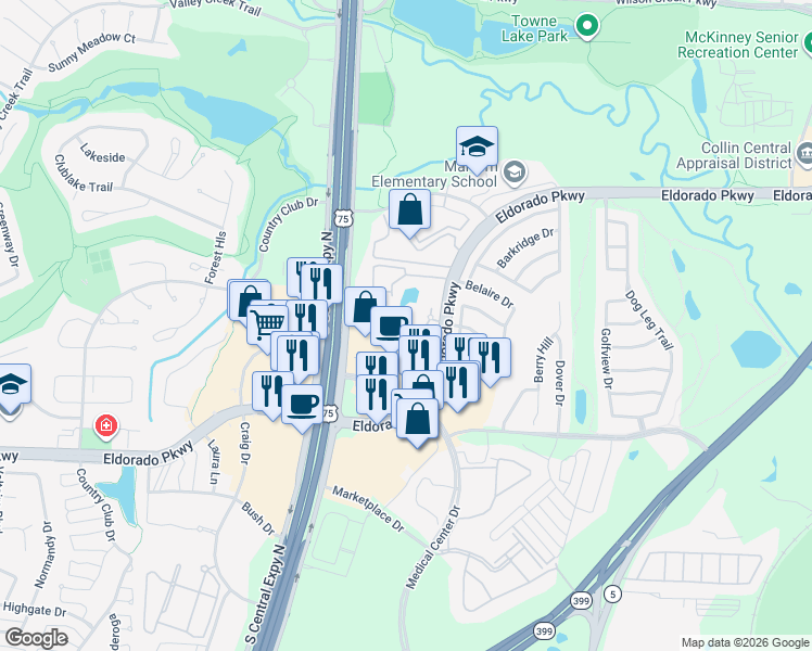 map of restaurants, bars, coffee shops, grocery stores, and more near 1500 West Eldorado Parkway in McKinney