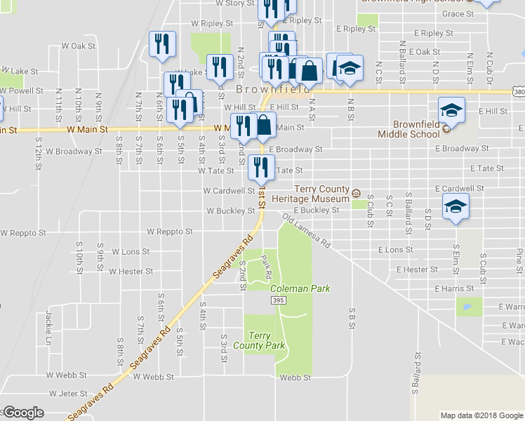 map of restaurants, bars, coffee shops, grocery stores, and more near 498 South 1st Street in Brownfield