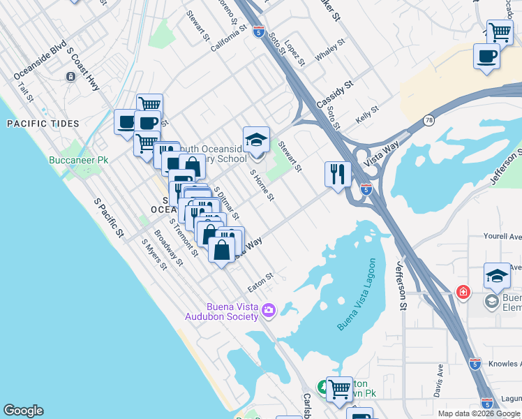 map of restaurants, bars, coffee shops, grocery stores, and more near 1909 South Horne Street in Oceanside