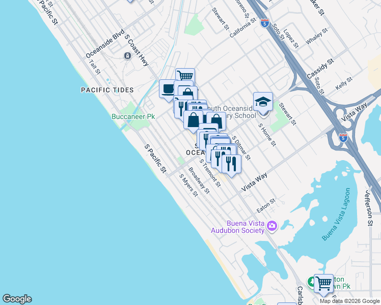 map of restaurants, bars, coffee shops, grocery stores, and more near 1738 South Tremont Street in Oceanside