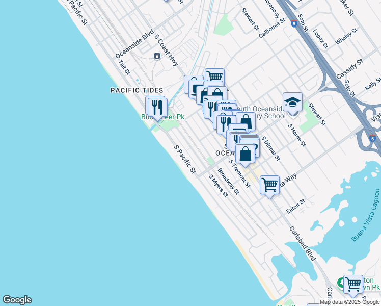 map of restaurants, bars, coffee shops, grocery stores, and more near 1639 South Myers Street in Oceanside