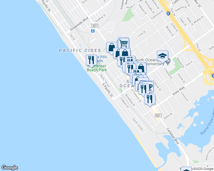 map of restaurants, bars, coffee shops, grocery stores, and more near 1639 South Myers Street in Oceanside