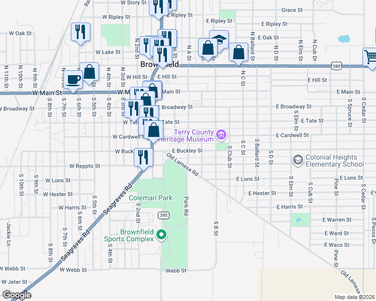 map of restaurants, bars, coffee shops, grocery stores, and more near 499 South A Street in Brownfield