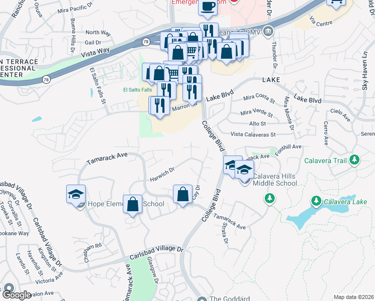 map of restaurants, bars, coffee shops, grocery stores, and more near 3619 Barranca Court in Carlsbad