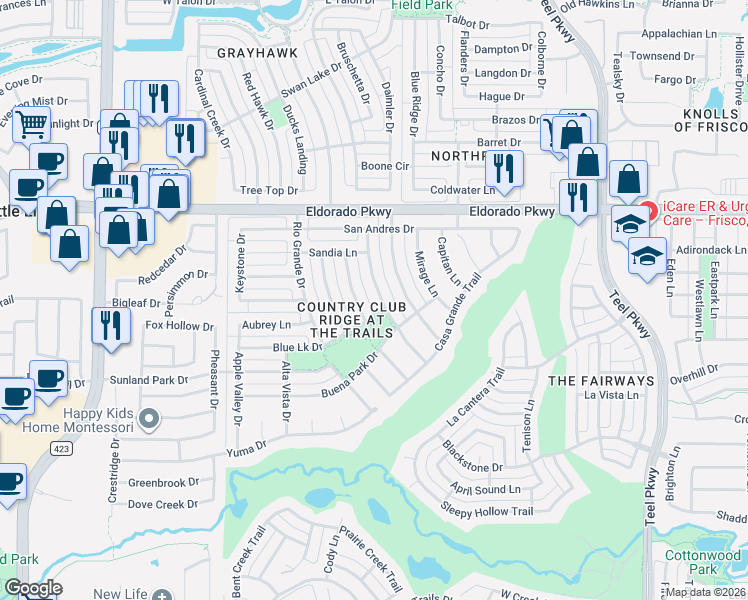 map of restaurants, bars, coffee shops, grocery stores, and more near 11725 Frontier Drive in Frisco