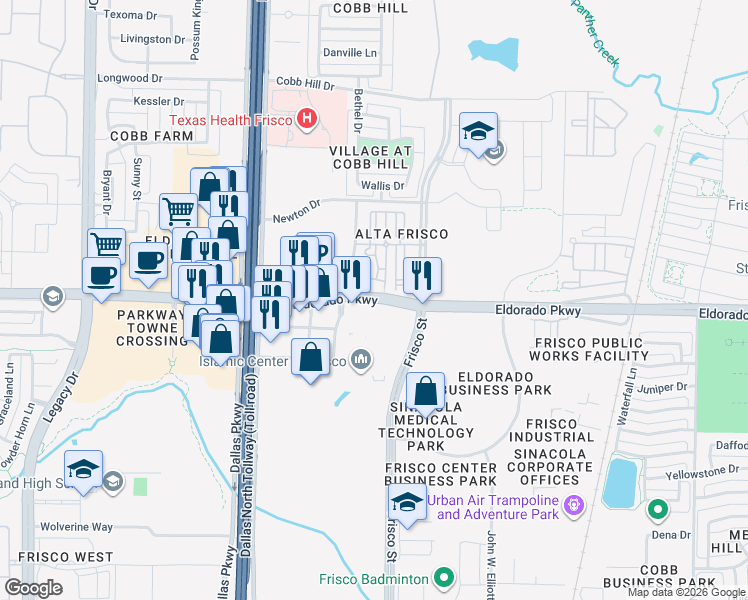 map of restaurants, bars, coffee shops, grocery stores, and more near 5910 Eldorado Parkway in Frisco