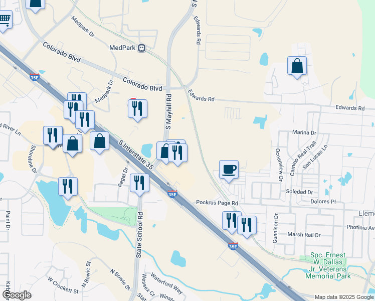 map of restaurants, bars, coffee shops, grocery stores, and more near 2817 South Mayhill Road in Denton