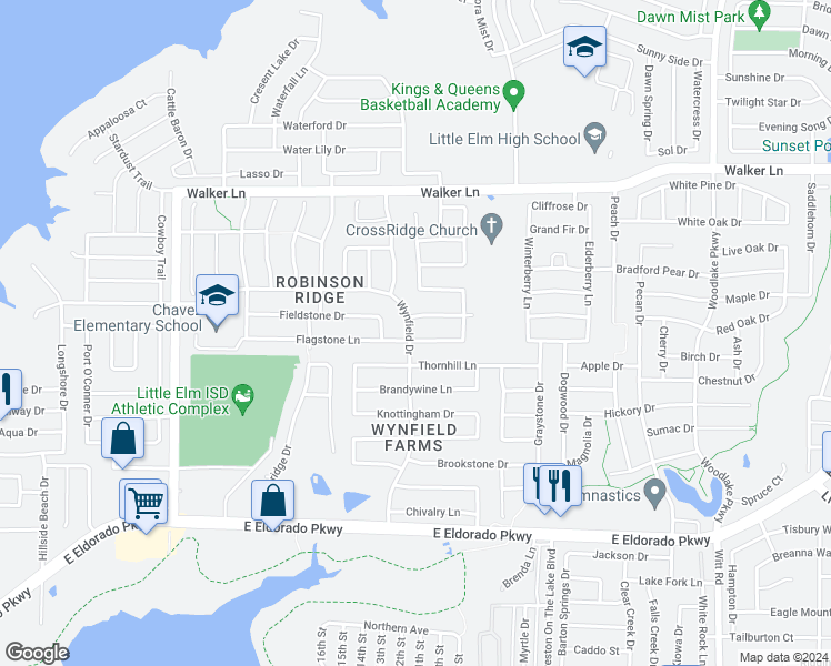 map of restaurants, bars, coffee shops, grocery stores, and more near 1701 Canyon Oaks Drive in Little Elm