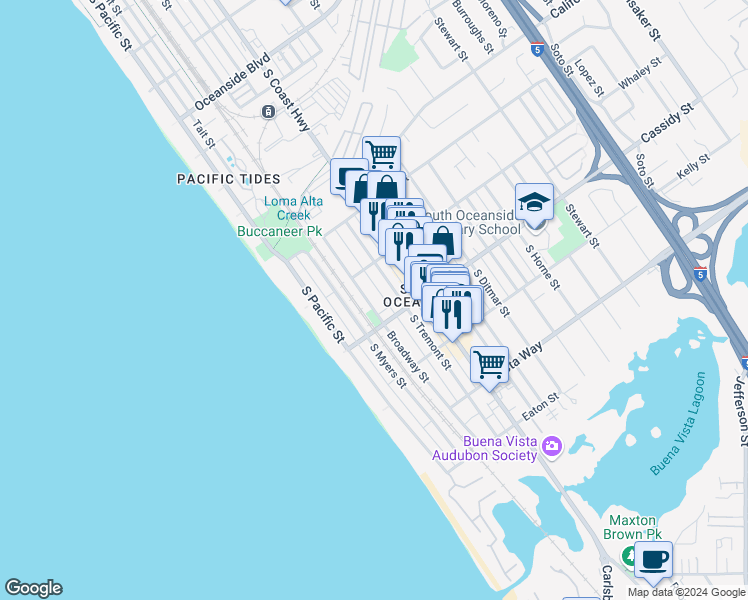 map of restaurants, bars, coffee shops, grocery stores, and more near 1732 Broadway Street in Oceanside