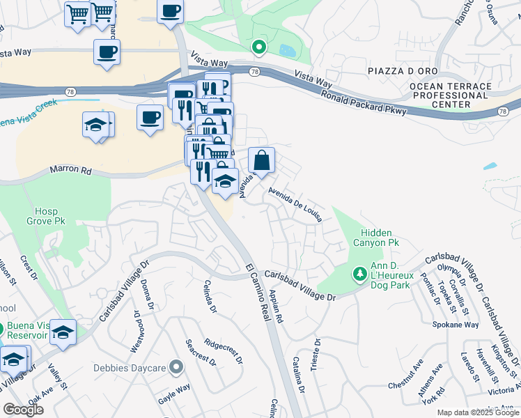 map of restaurants, bars, coffee shops, grocery stores, and more near 2504 Via Rojo in Carlsbad