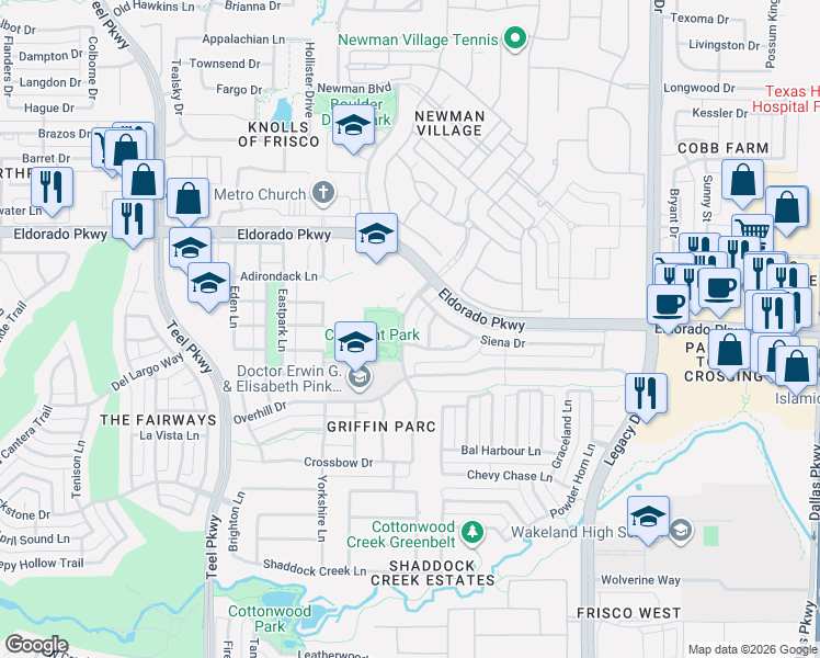 map of restaurants, bars, coffee shops, grocery stores, and more near 11620 Lenox Lane in Frisco