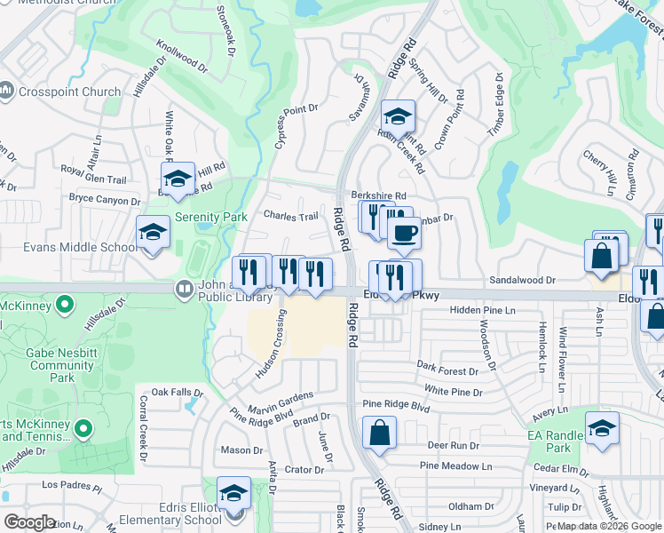 map of restaurants, bars, coffee shops, grocery stores, and more near 6305 Courtyards Drive in McKinney