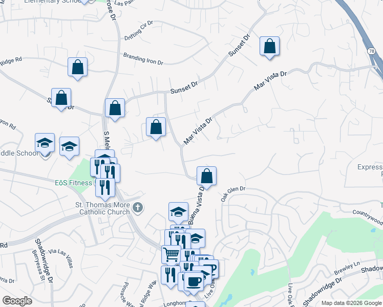 map of restaurants, bars, coffee shops, grocery stores, and more near 1247 Stonemark Place in Vista