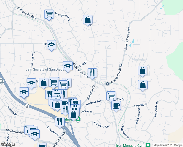 map of restaurants, bars, coffee shops, grocery stores, and more near 1805 Devon Place in Vista