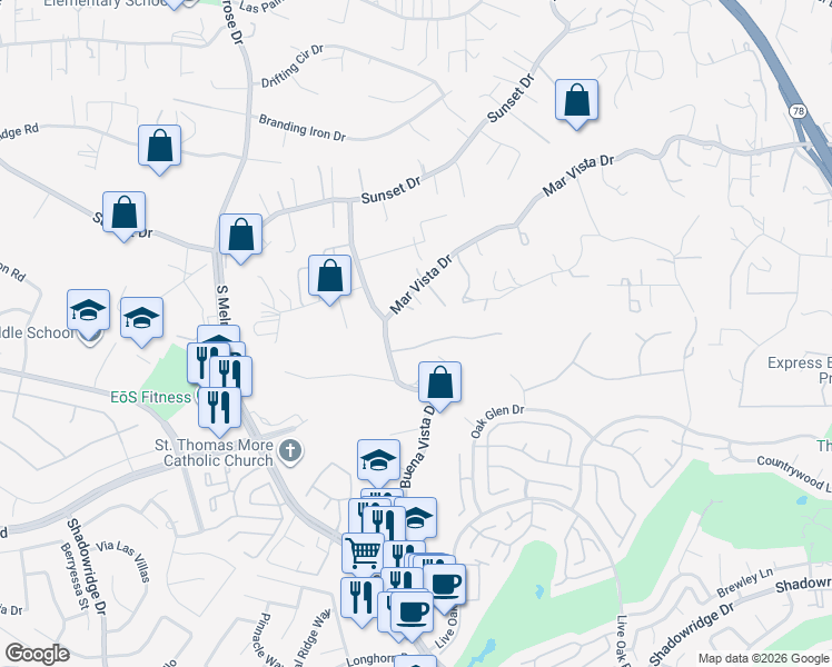 map of restaurants, bars, coffee shops, grocery stores, and more near 1180 Mar Vista Drive in Vista