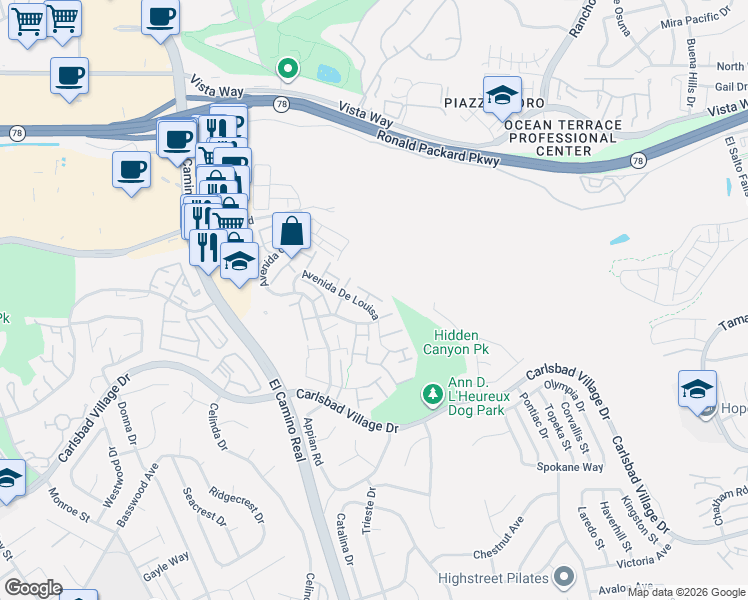 map of restaurants, bars, coffee shops, grocery stores, and more near 2931 Via Libertad in Carlsbad