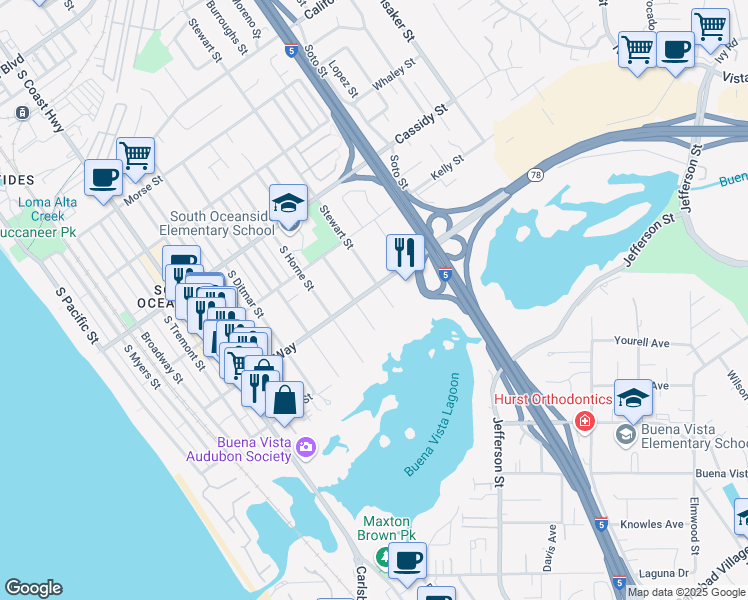 map of restaurants, bars, coffee shops, grocery stores, and more near 1122 Vista Way in Oceanside