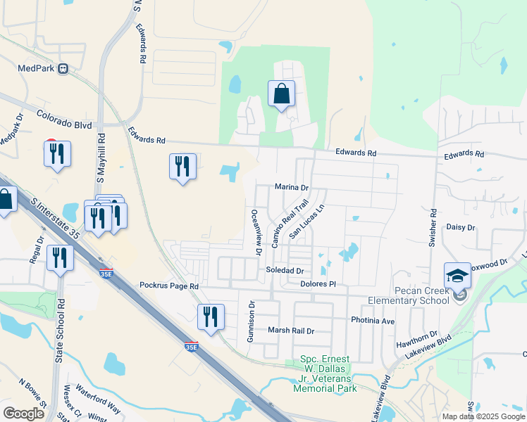 map of restaurants, bars, coffee shops, grocery stores, and more near 3425 Oceanview Drive in Denton