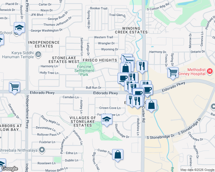 map of restaurants, bars, coffee shops, grocery stores, and more near 15716 Bull Run Drive in Frisco
