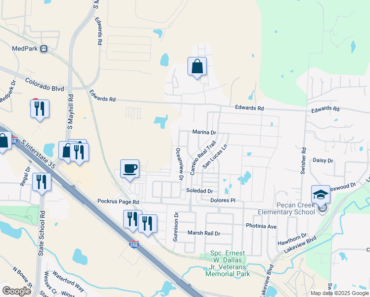 map of restaurants, bars, coffee shops, grocery stores, and more near 3425 Oceanview Drive in Denton