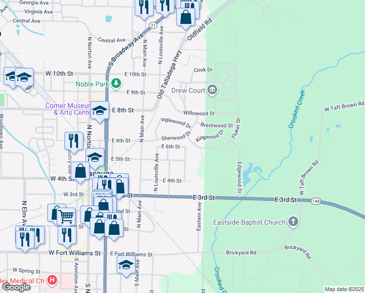 map of restaurants, bars, coffee shops, grocery stores, and more near 414 East 6th Street in Sylacauga