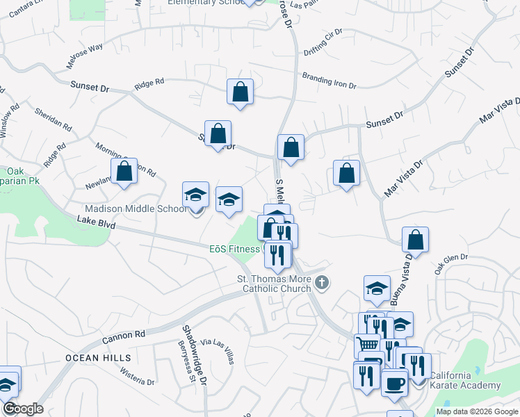 map of restaurants, bars, coffee shops, grocery stores, and more near 1041 Lau Hala Canyon Road in Vista