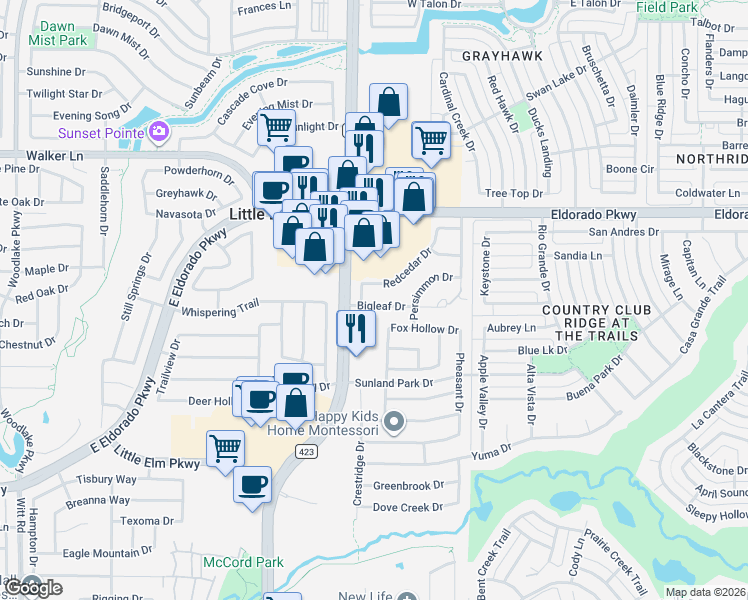 map of restaurants, bars, coffee shops, grocery stores, and more near 2600 Redcedar Drive in Little Elm