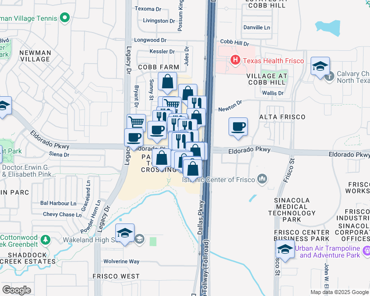 map of restaurants, bars, coffee shops, grocery stores, and more near 3703 Eldorado Parkway in Frisco