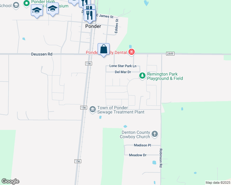 map of restaurants, bars, coffee shops, grocery stores, and more near 327 Preakness Lane in Ponder