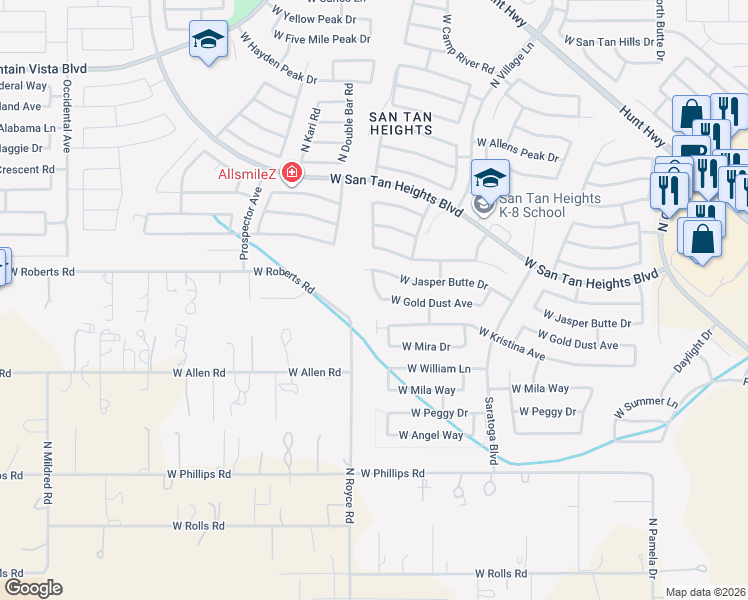 map of restaurants, bars, coffee shops, grocery stores, and more near 32578 North Cherry Creek Road in Queen Creek