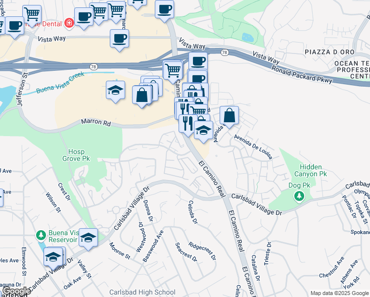 map of restaurants, bars, coffee shops, grocery stores, and more near 2380 Hosp Way in Carlsbad