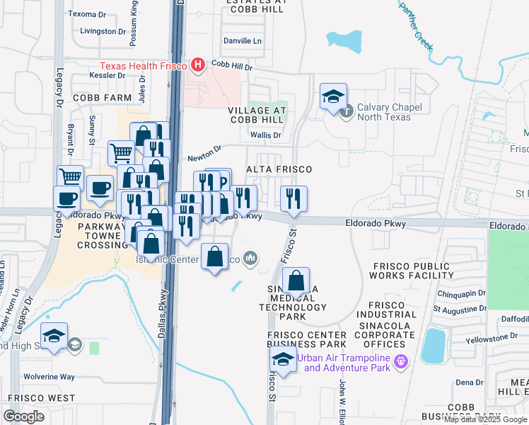 map of restaurants, bars, coffee shops, grocery stores, and more near 6020 Eldarado Parkway in Frisco