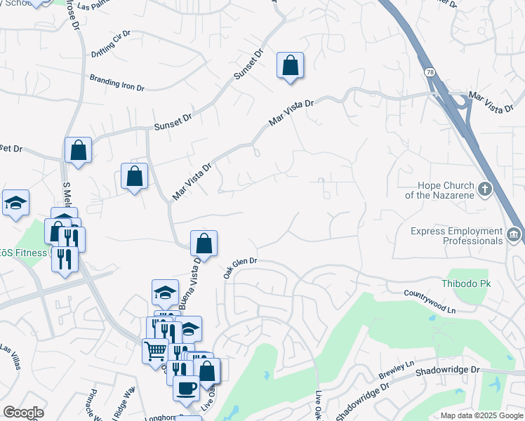 map of restaurants, bars, coffee shops, grocery stores, and more near 1030 Marine View Drive in Vista
