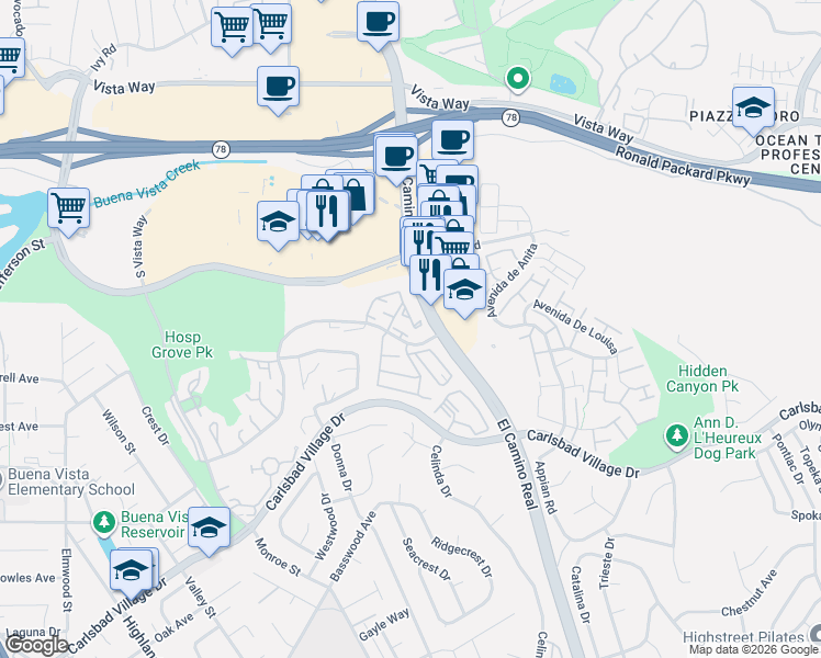 map of restaurants, bars, coffee shops, grocery stores, and more near 2350 Hosp Way in Carlsbad