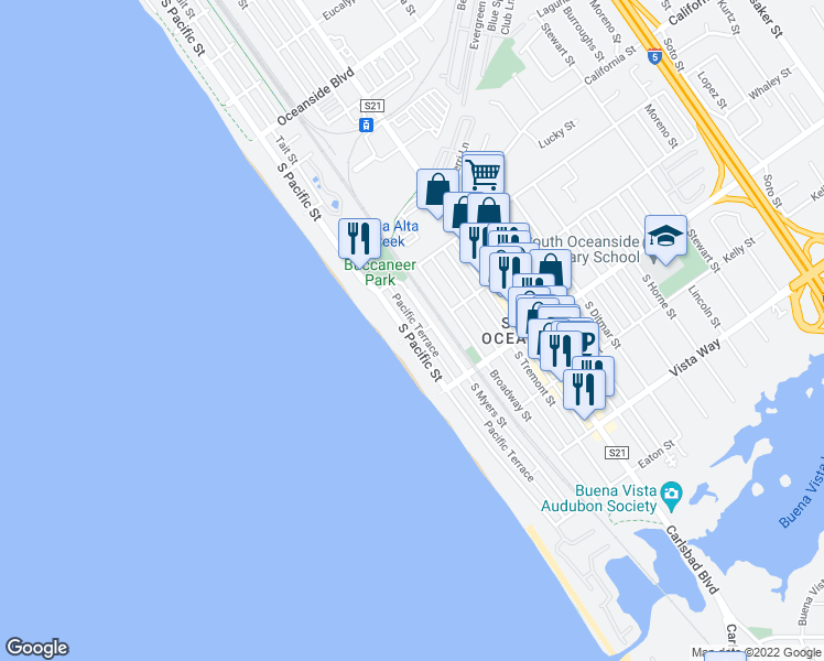 map of restaurants, bars, coffee shops, grocery stores, and more near 1625 South Pacific Street in Oceanside